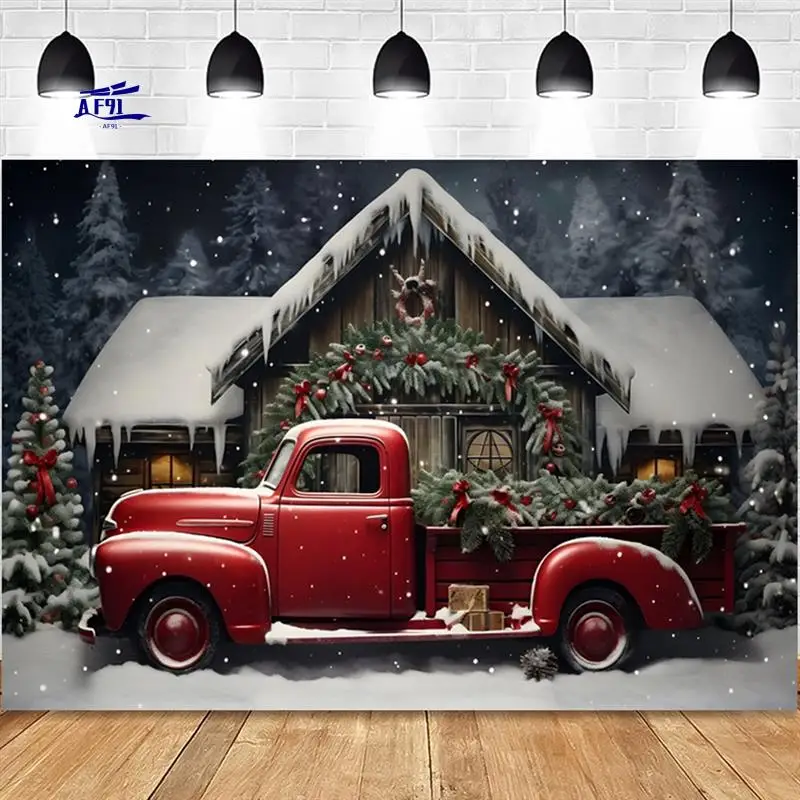 

AF91-Рождественский фон ткань для вечеринки, Нового года, винтажный красный грузовик, детский фон для фотостудии, ткань