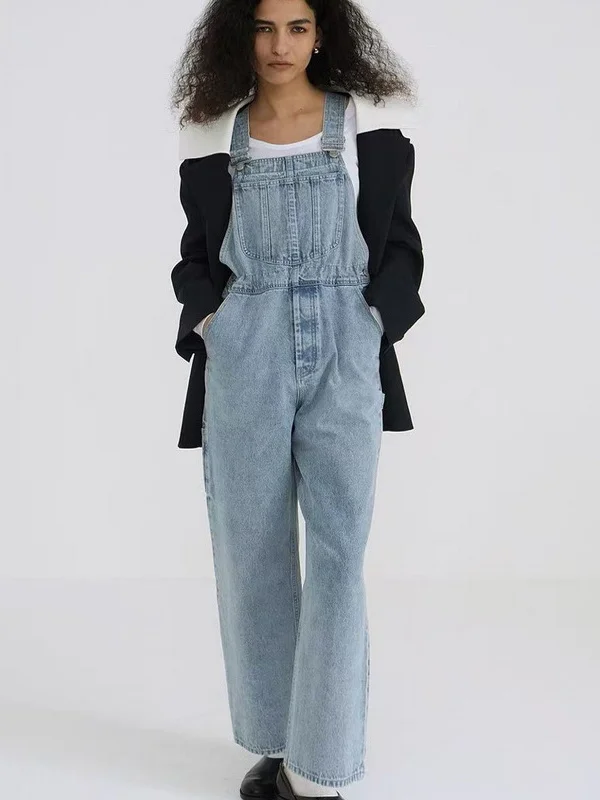 

Adjustable Waist Denim Overalls Loose Fit High Waist Wide Leg Pants Dstring Women's Casual Trousers Spring Autumn