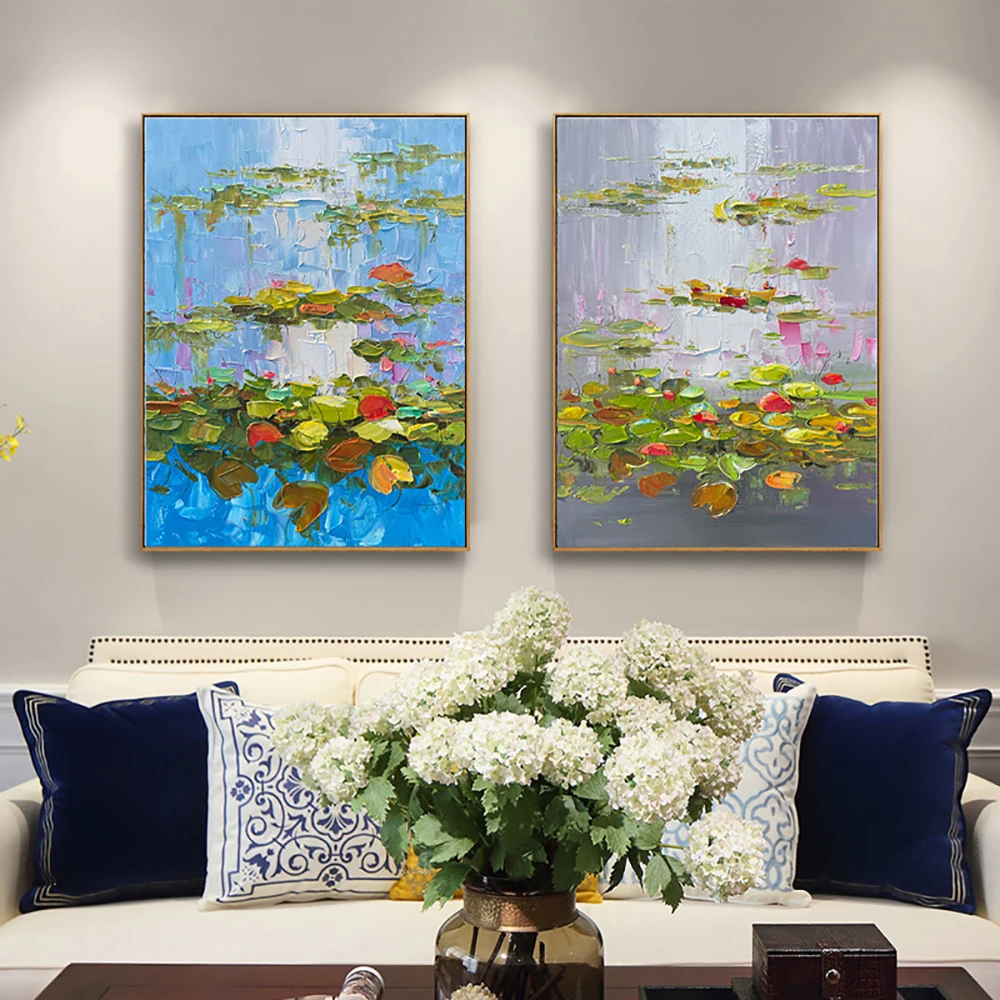 

Hand Painted Oil Painting Abstract Lotus Pond Retro Oil Painting For Living Room Decor 3D Knife Water Lilies Oil Painting Art