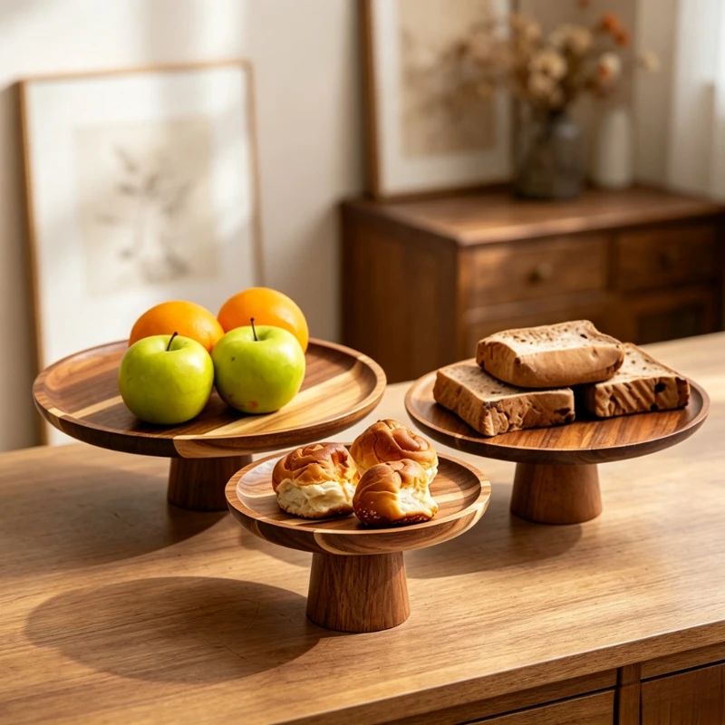 Plateau de service surélevé en bois vintage, rond ou carré, support à pieds pour fruits et desserts, idéal pour la décoration de la maison, de la cuisine ou des fêtes.