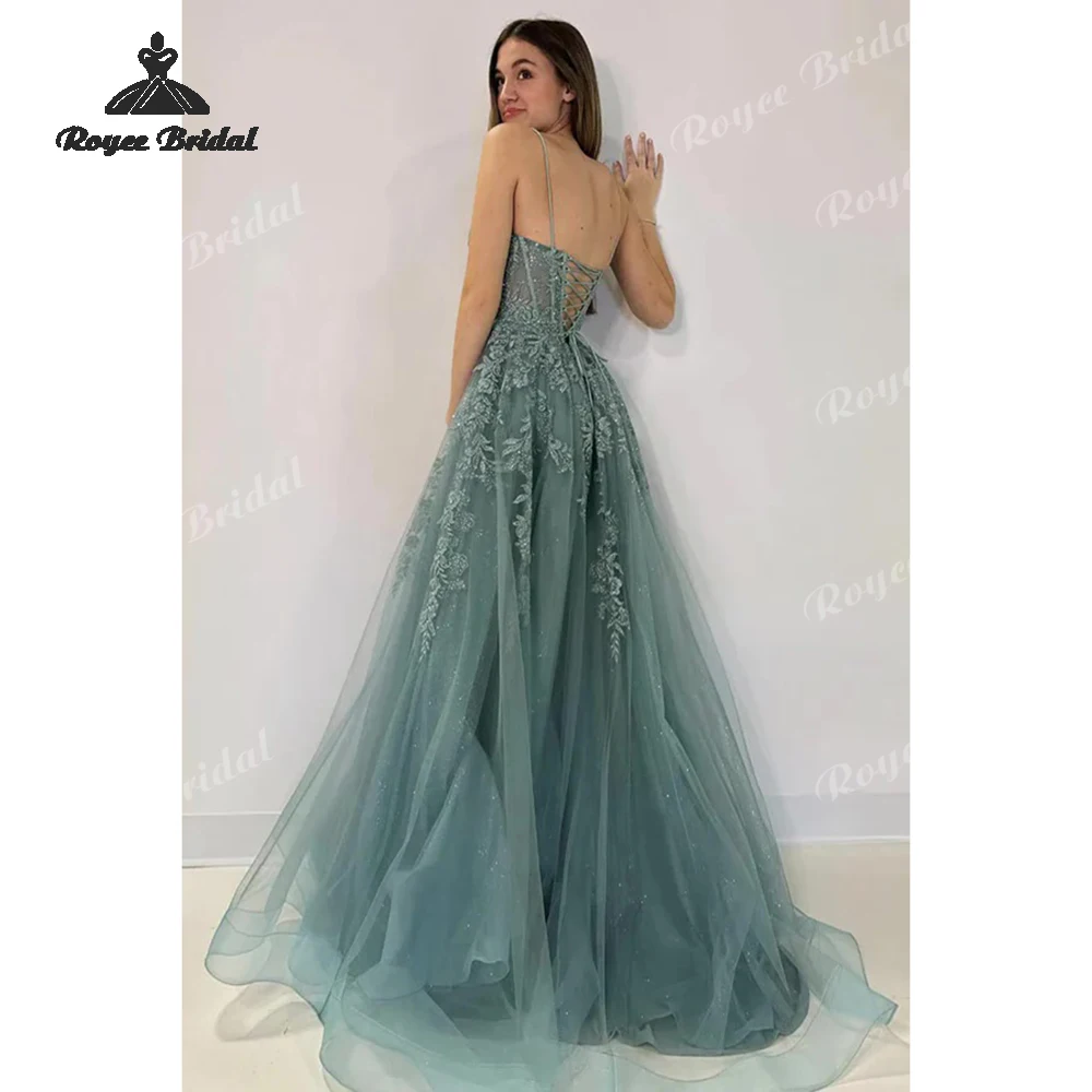 Elegant Appliques V Neck Tulle A Line Prom Dresses 2026 Lace Up Spaghetti Straps Prom Gwon Customized فساتين السهرة