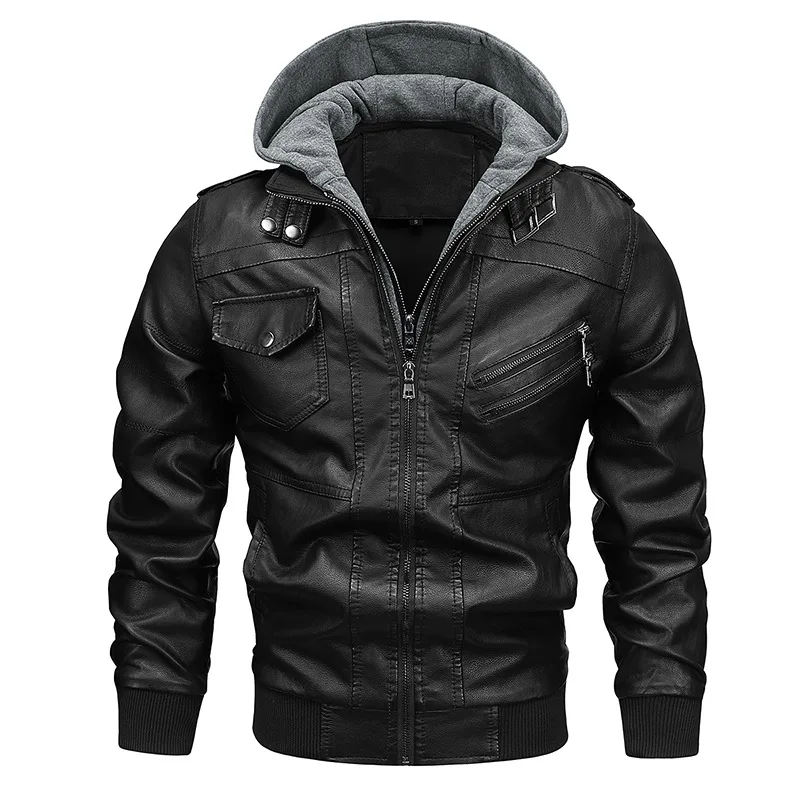 

Autumn And Winter Vacation Two Piece Leather Coat Men's Hooded Motorcycle Leather Jacket Detachable Hat Coat Punk Rock Coat