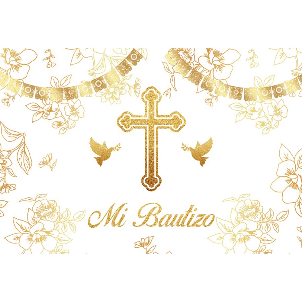 Laeacco Baby Baptism Backdrop Mi Bautizo First Holy Communion Golden Cross Dove Kids Portrait Customized Photography Background