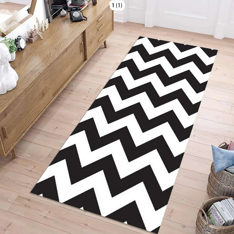 Black White Herringbone Pattern Runner Rug Zigzag Geometric Design Floor Mat Modern Minimalist Style Soft Non-Slip Carpet