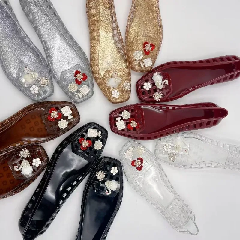 

Women Jelly Flats Mesh Ballet Flats Square Toe Hollow Out Ballet Flats Lightweight Beach Jelly Shoes Breathable Summer Beach