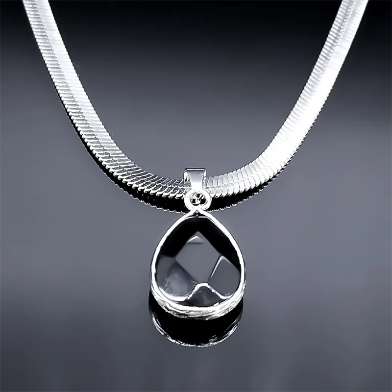 Gothic Water Drop Black Obsidian Necklace Women Stainless Steel Clavicle Snake Chain Choker Natural Stone Necklaces Kpop Jewelry