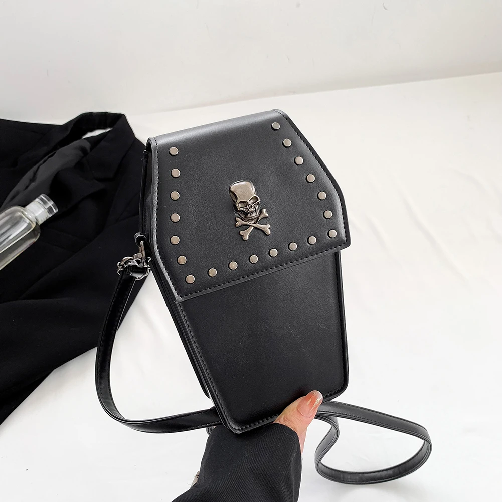 Kobiety trumna tornister torebka gotycka torba na ramię PU skóra kształt czaszki etui na telefon komórkowy Y2K torby Crossbody Halloween wszechstronna torba — zdjęcie 2