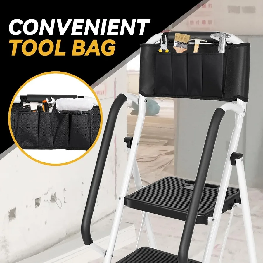 3 Step Ladder with Handrails and Attachable Tool Bag, 500 lbs Folding Step Stool Ladder, Wide Non-Slip Pedal for Kitchen Pantry