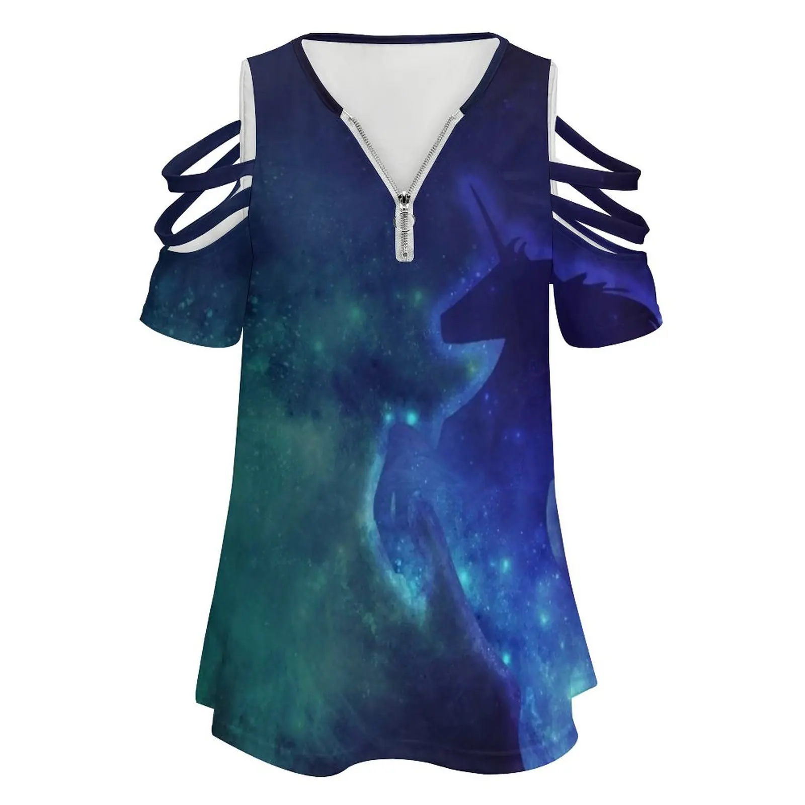 Nebula Galaxy Unicorn In Space Women'S T-Shirt New Fashion Printed Zipper V-Neck Short Sleeve T Shirts Casual Plus Size Nebula