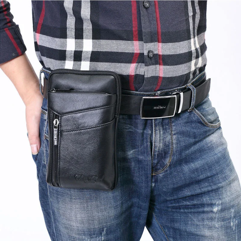 Imagem -04 - Pacote de Cintura Crossbody de Couro Genuíno Masculino Fanny Bolsa de Ombro Pequena Celular Cinto de Telefone Móvel Gancho Moda Alta Qualidade