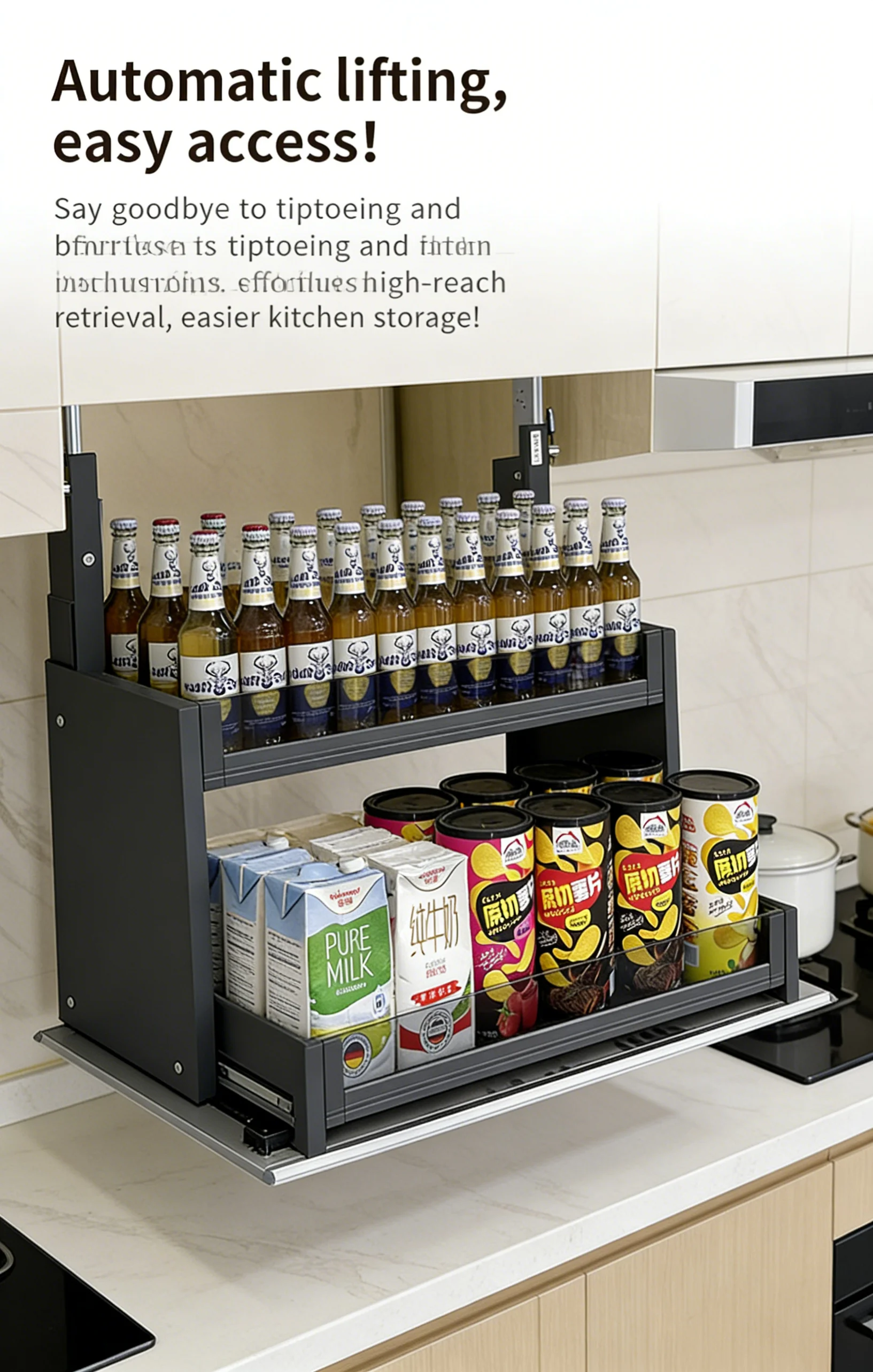Motorized Kitchen Cabinet Organizer Electric Lift up Pull Down Shelf Height Adjustable Aluminum Glass Storage Basket Smart Home
