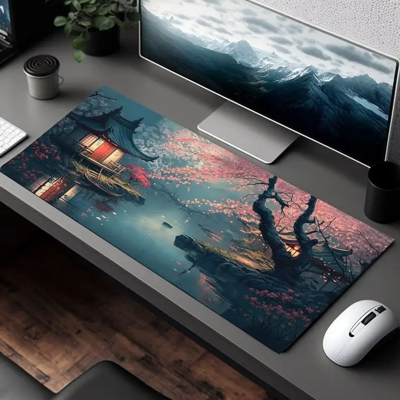 

Dreamy Cherry Blossom Garden Mouse Pads, Japanese Garden Mouse Pad, Cherry Blossom Koi Pond Table Mat, Beautifully Cute Mousepad