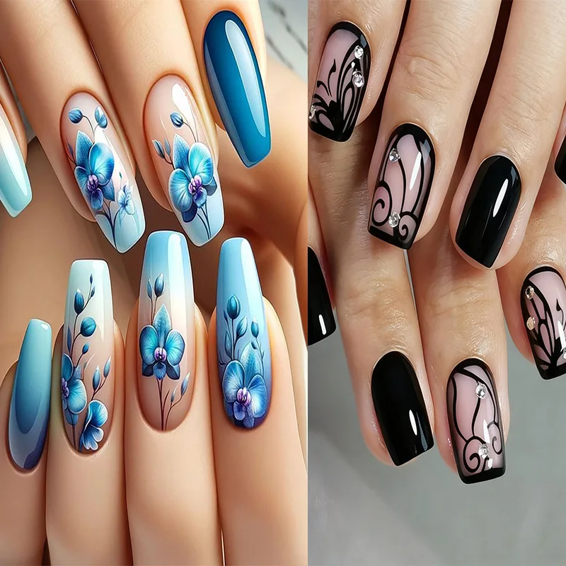 

24Pcs Mid-length Press on Fake Nails Blue Flowers Smudge Detachable Full Cover Nails Tips