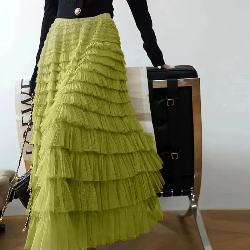 Women's Spring and Autumn Korean Elastic Waist Solid Color Gauze Patchwork Skirts Long High Waist Ruched Wooden Ear Edge Skirt