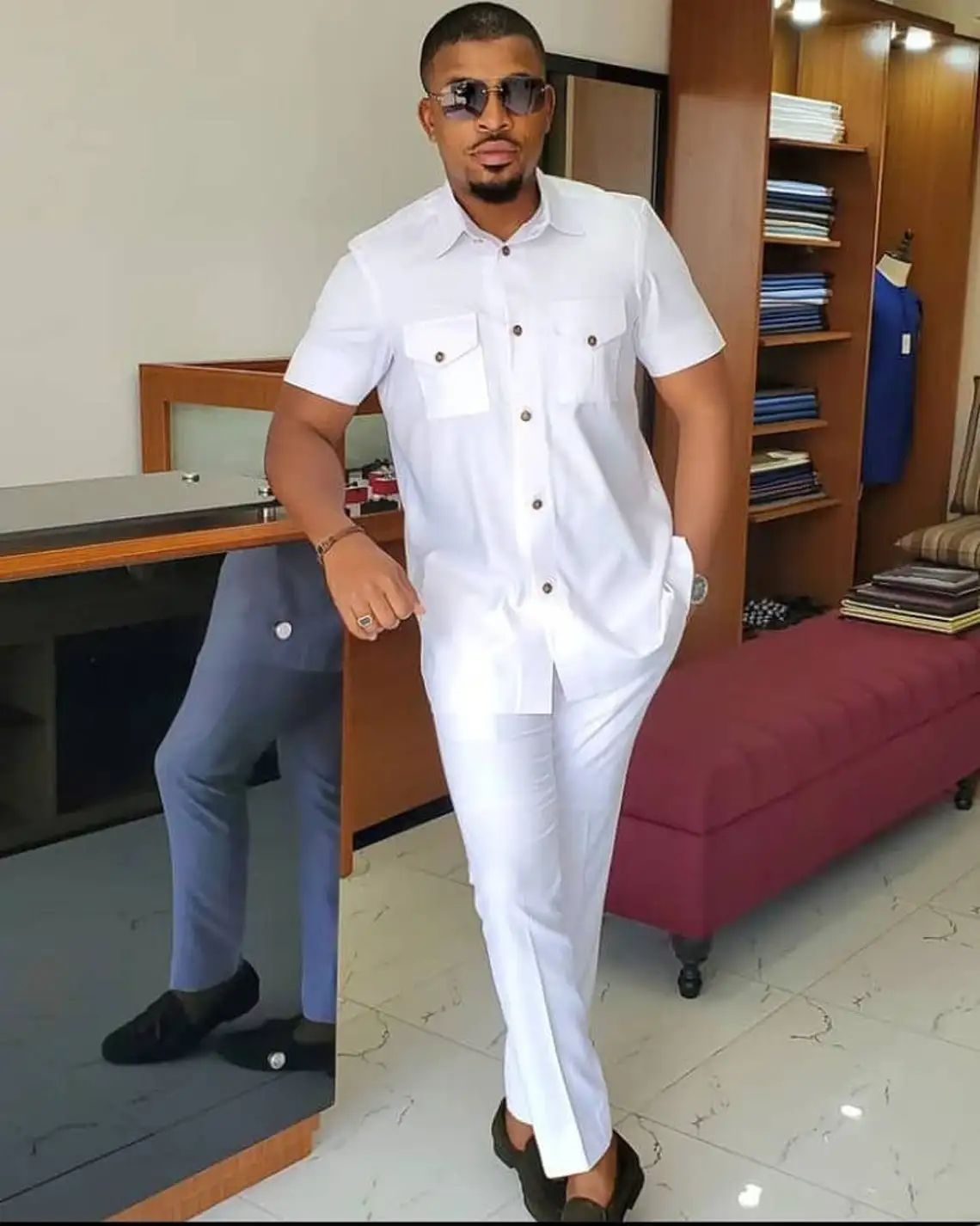 

African Men Traditional Outfit Breathable African Men's Office Wear Lightweight Short Sleeve Shirt & Pants 2-Piece Set