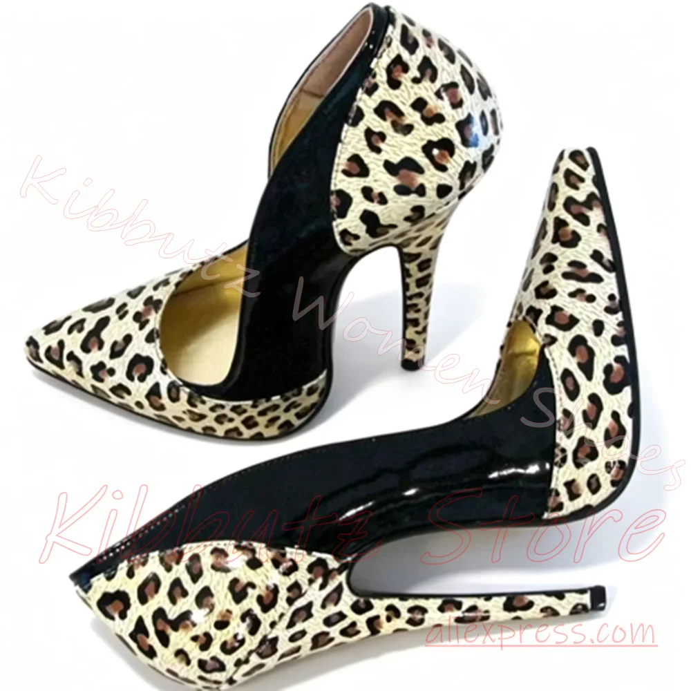 Pumps Leopard Print Patchwork Patent Leather Slip On Women Pointed Toe Stiletto High Heels Nightclub Party Fashion Shoes Elegant