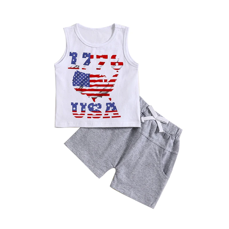 

4th of July Toddler Boys Outfits Stars Stripe Letter Print Sleeveless Tank Tops and Shorts 2Pcs Clothes Set