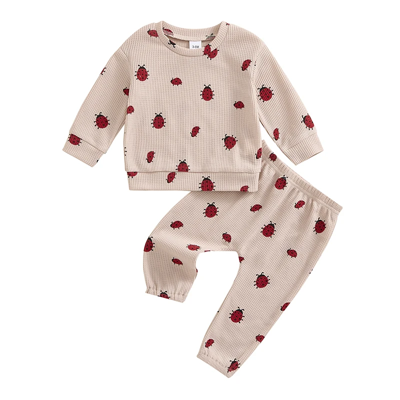 

Infant Baby Girl Ladybug Outfit 2Pcs Fall Clothes Sets Long Sleeve Sweatshirts and Sweatpants Suit Waffle Pants Set