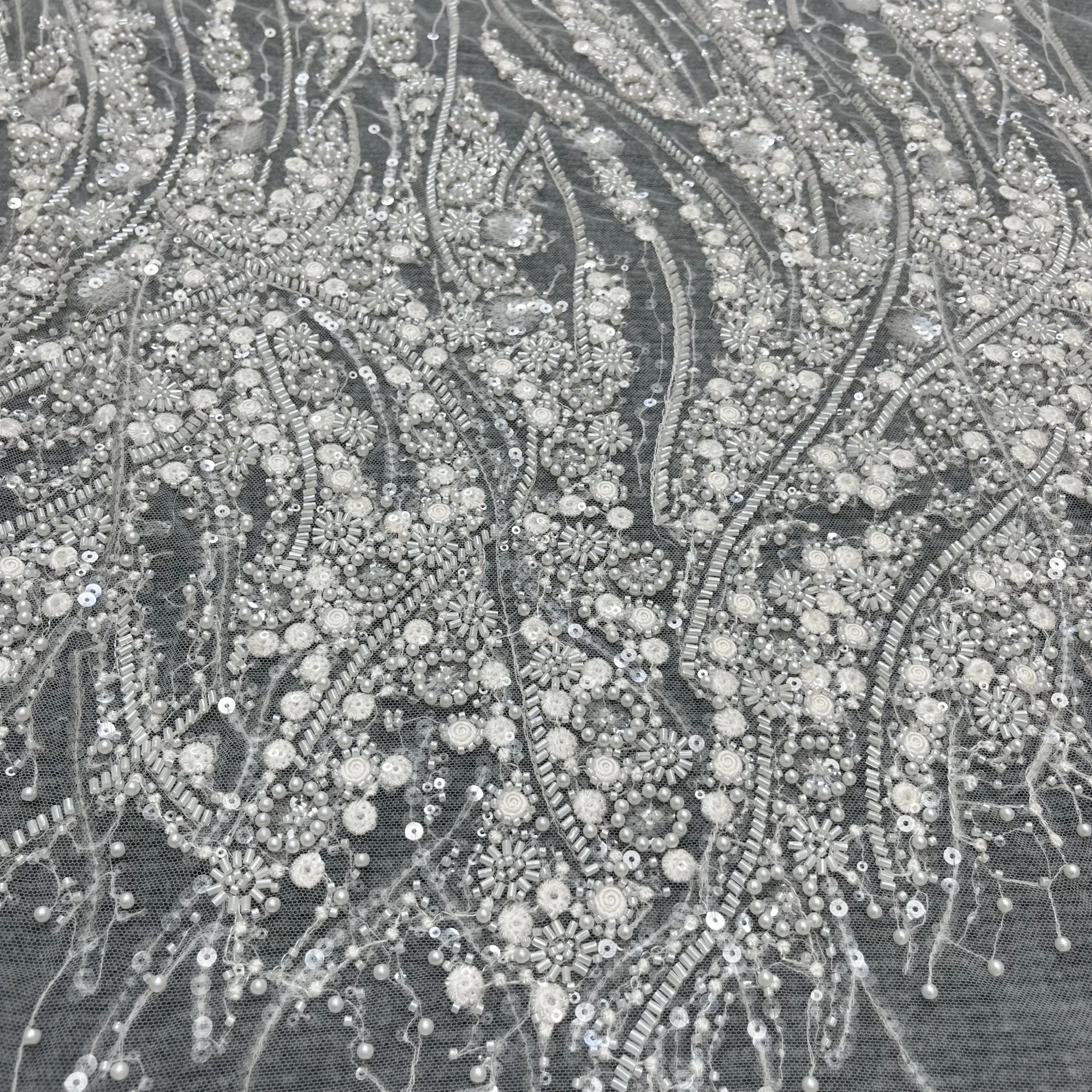 Unique Multi-Sized Sequin Bead Embroidery Private Customized Wedding Lace Fabrics