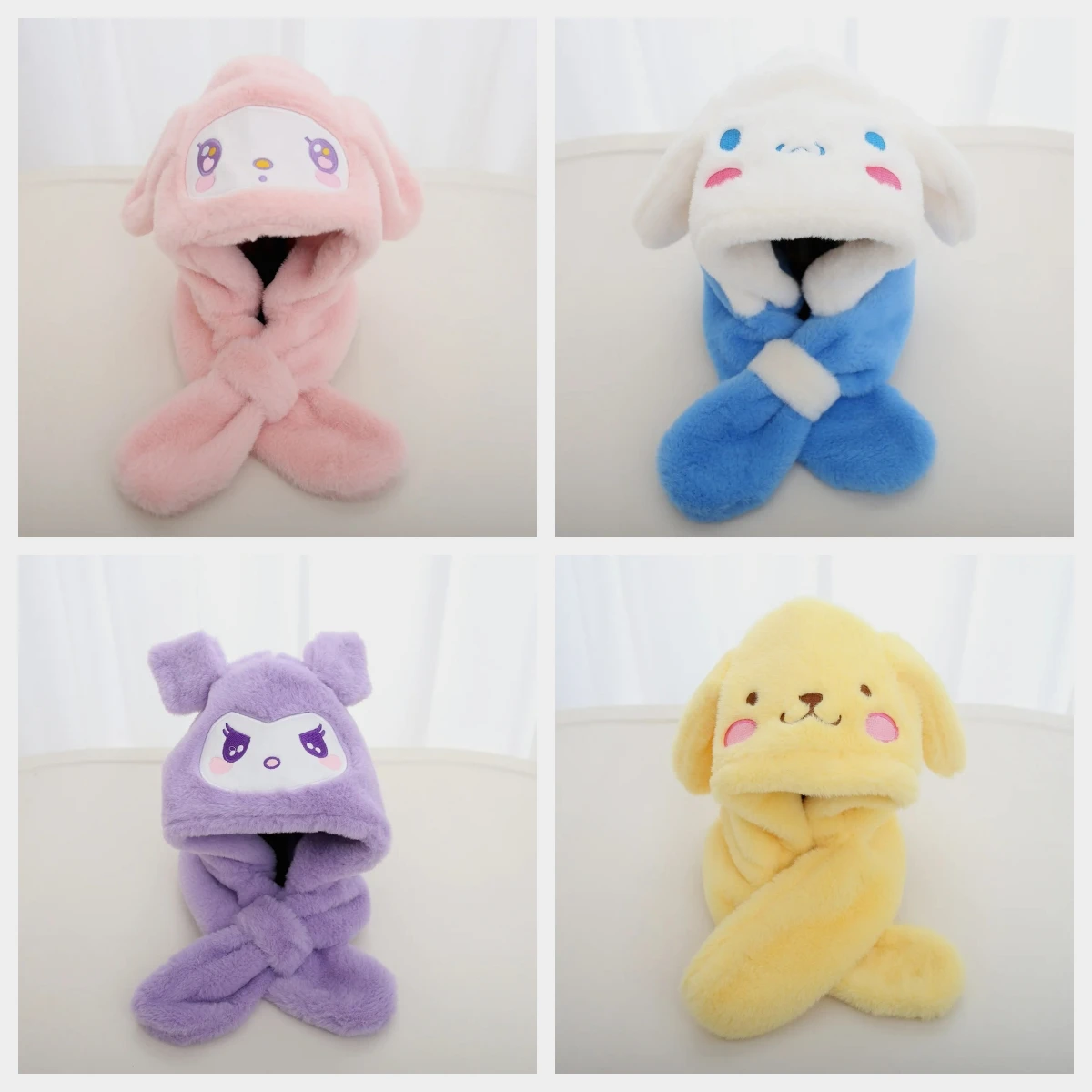 Kawaii sanrio catsorollぬいぐるみスカーフ帽子女の子、耳移動キャップ、かわいい甘い学生、暖かい帽子、誕生日プレゼントおもちゃ、冬