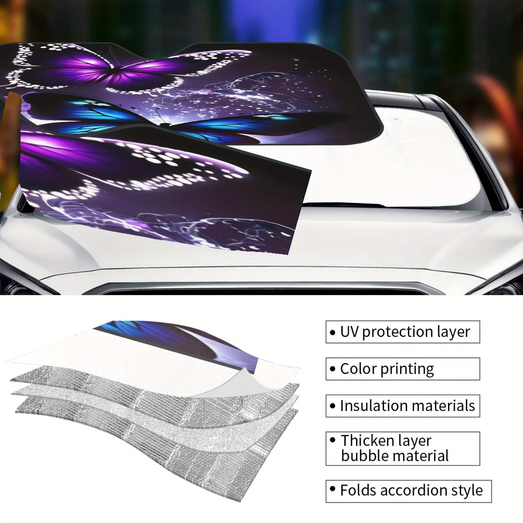 قطعة واحدة من غطاء الزجاج الأمامي للسيارة مناسب مع تصميم الفراشات الزرقاء الأرجوانية - حماية من الأشعة فوق البنفسجية عازلة للحرارة، غطاء الزجاج الأمامي لـ