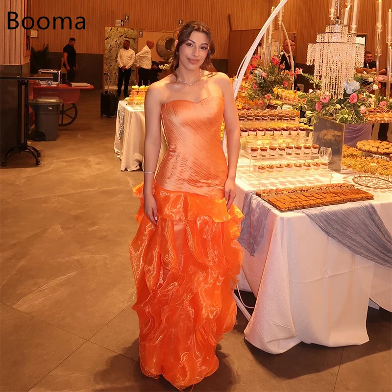 

Booma Shiny A-Line Orange Strapless Pleat Long Dresses Formal Party Gowns for Women Sleeveless Simple Prom Gown Customize