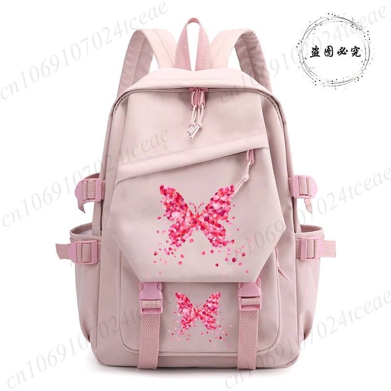 

School Backpack for Students Pink Butterfly Design Daily Bagpack Back To School Backpacks for Girl Outdoor Sport School Bag