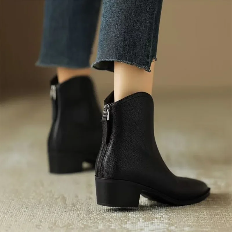 New Women\'s Ankle Boots Casual PU Women Shoes 2023 Spring Autumn Modern Boots Sexy Pointed Chunky Heel Shoes Zip Short Booties