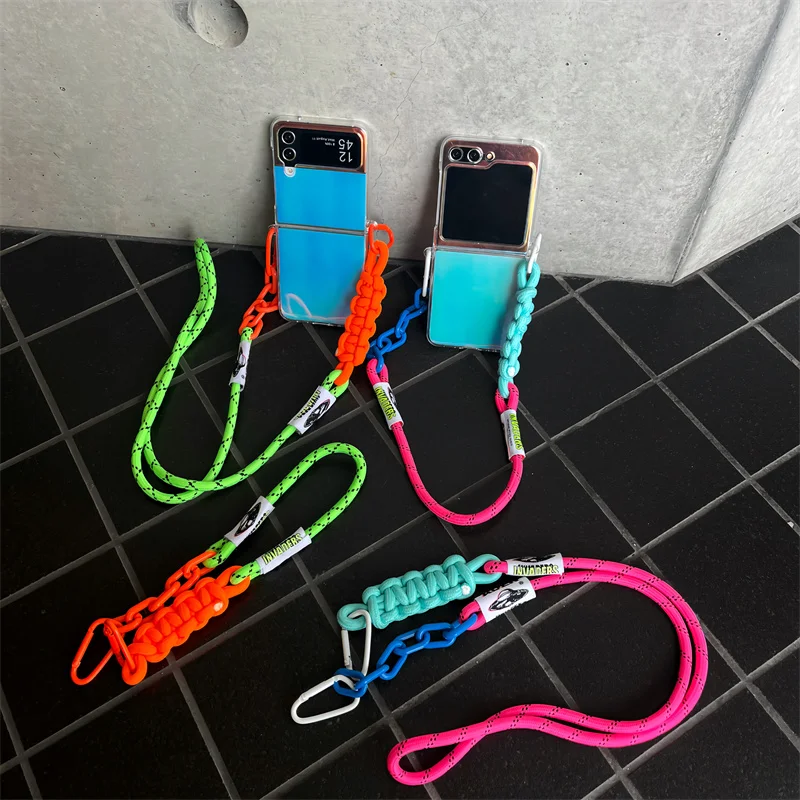 Colorful Crossbody Lanyard Laser Cards Phone Cases For Samsung Galaxy Z Flip 4 5 6 3 Transparent Hard Shockproof Cover