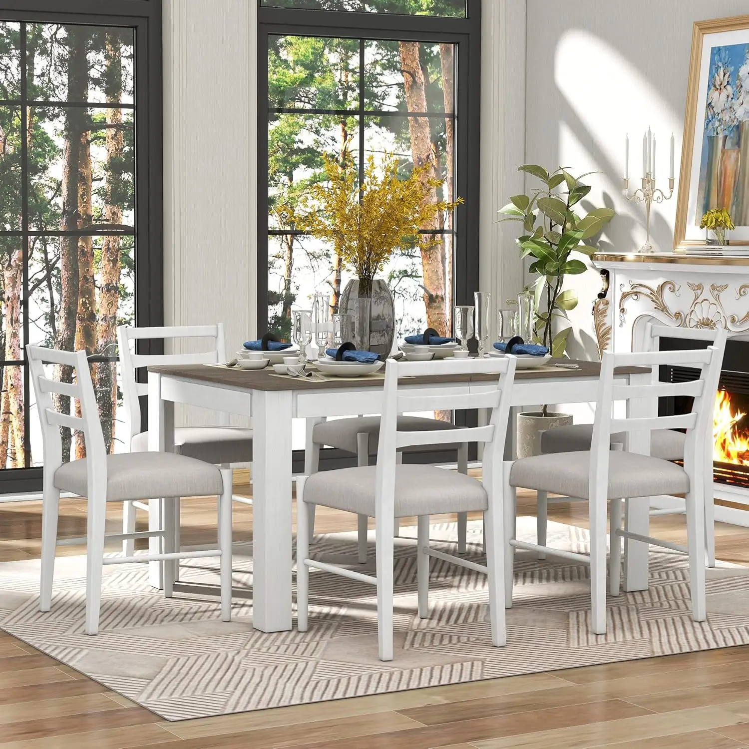 LUMISOL Dining Table Set for 6, Farmhouse Extendable Kitchen Table Set with 6 Upholstered Chairs, Solid Wood Extendable Dining