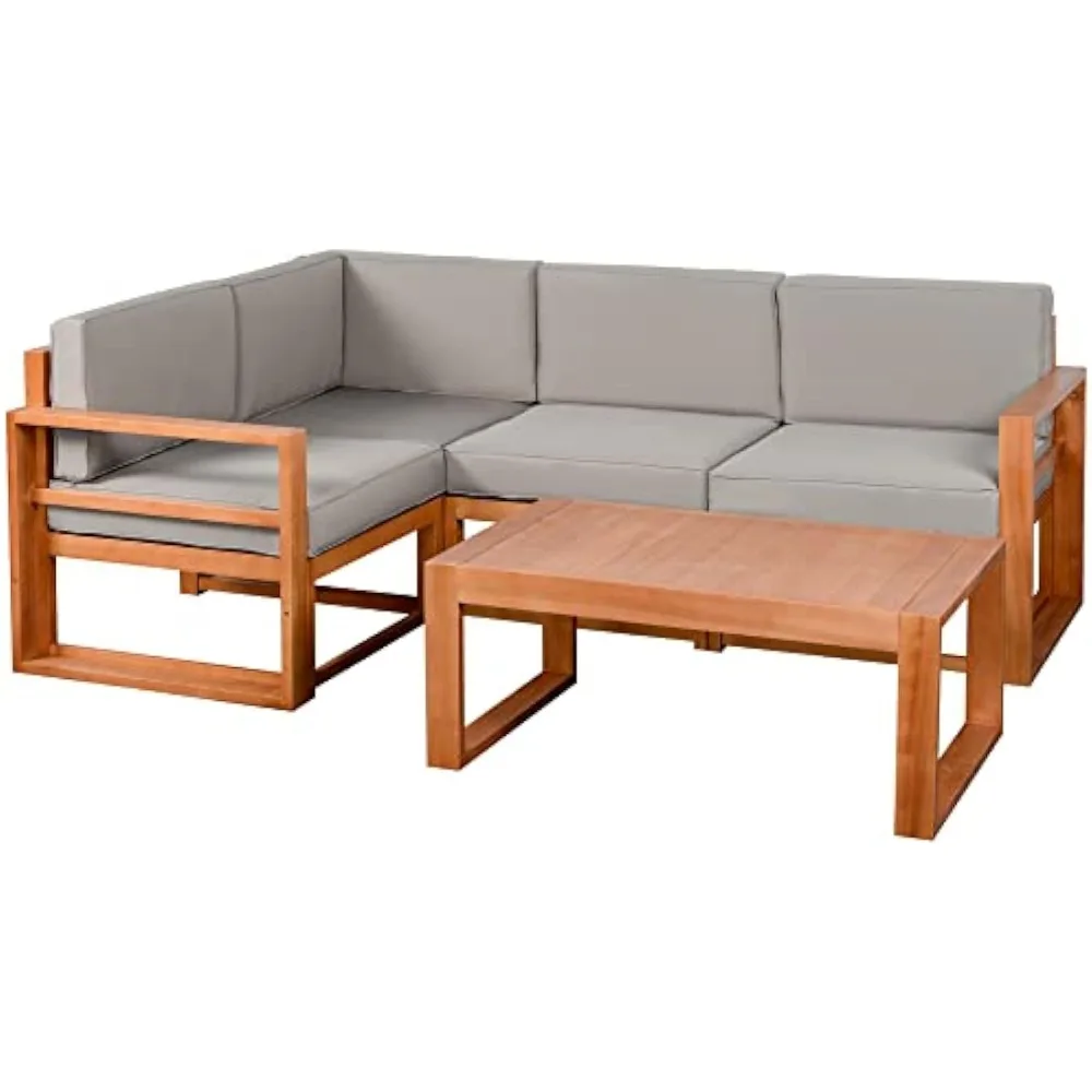 

4 Seater L Shaped Patio Furniture Set, Wood Outdoor Sectional Sofa Conversation Set for Garden, Backyard, Porch and Poolside