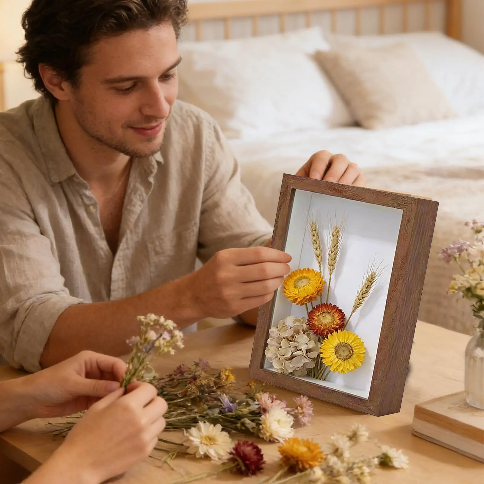 Preserved Dried Real Flower Display Box in Wood Frame Glass Front Desktop Home Decor Wall Art for Collectors Farmhouse Gift