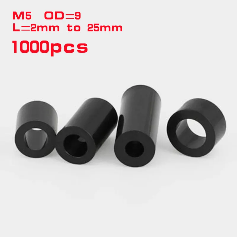 

1000pcs M5*3/4/5/6/7/8/9/10 to 20mm black ABS Non-Threaded Hollowed Nylon Spacer Round Hollow Standoff Washer PCB Board Screw