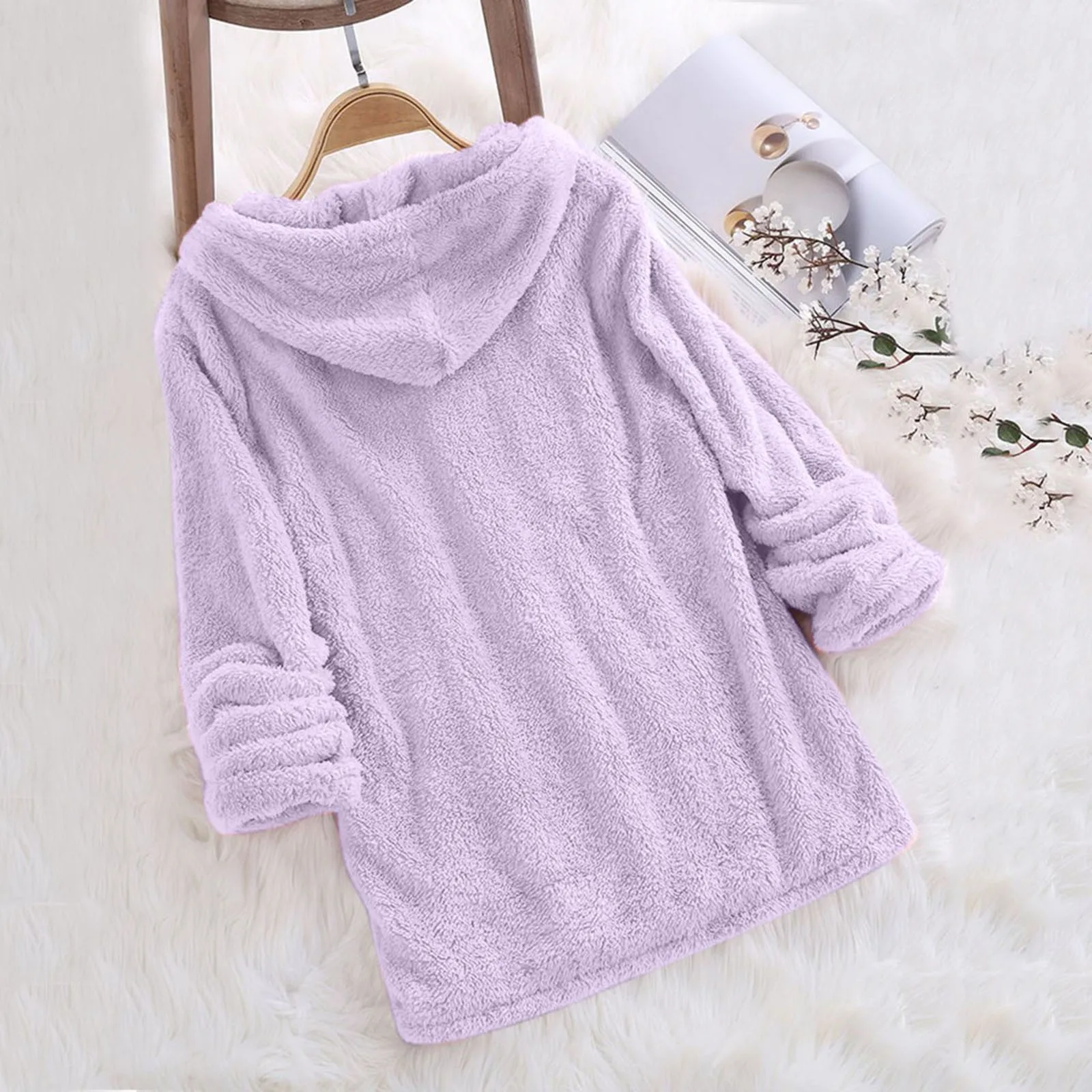 Women Hoodie Pullover Casual Solid Color Plush Hooded Sweatshirt Long Sleeve Blouse Polar Fleece Tops Keep Warm Sweater Autumn