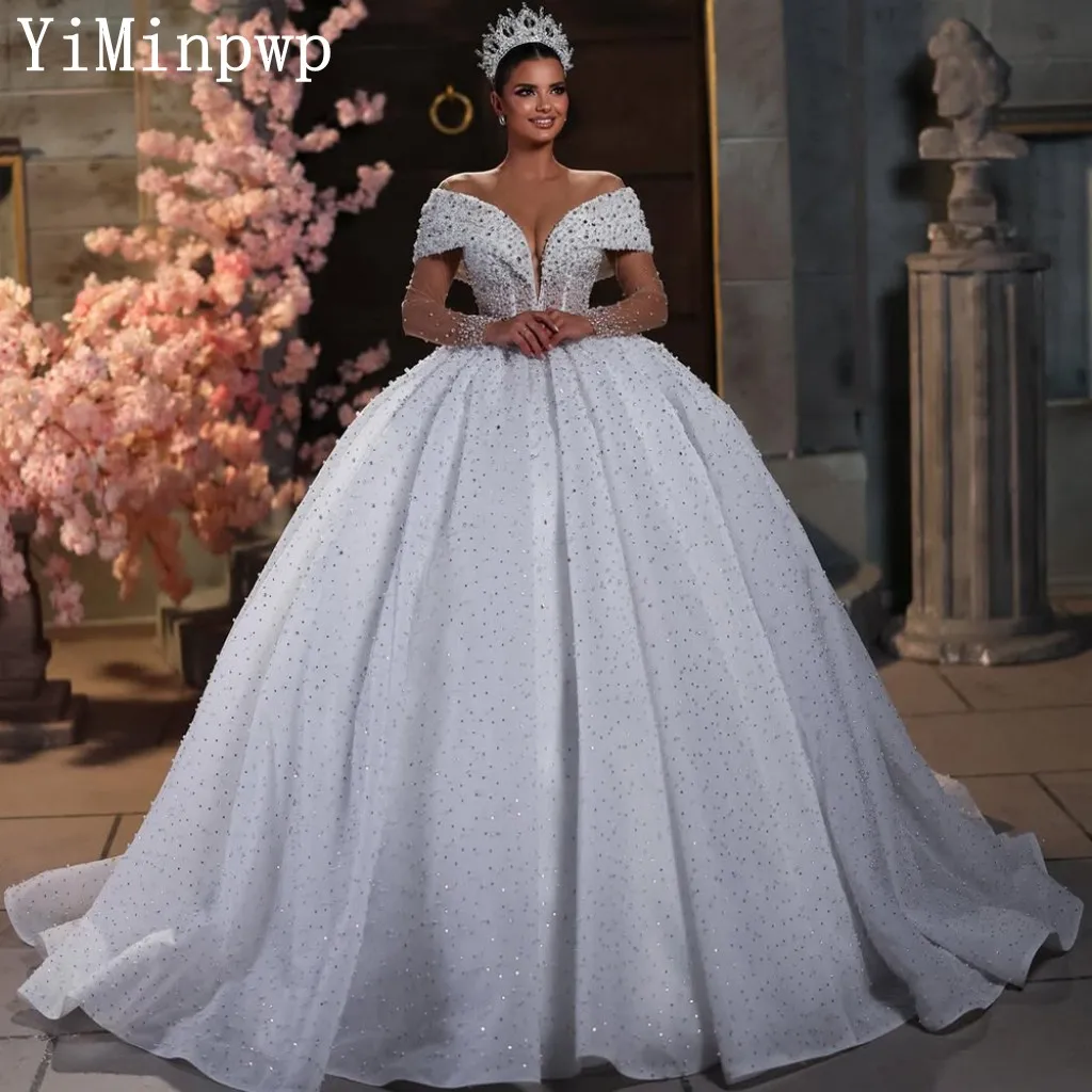 

Princess Ball Gown Wedding Dresses for Bride Off Shoulder Lace up Closure Pearls Crystal Sequined Arabic Bridal Gowns Customized