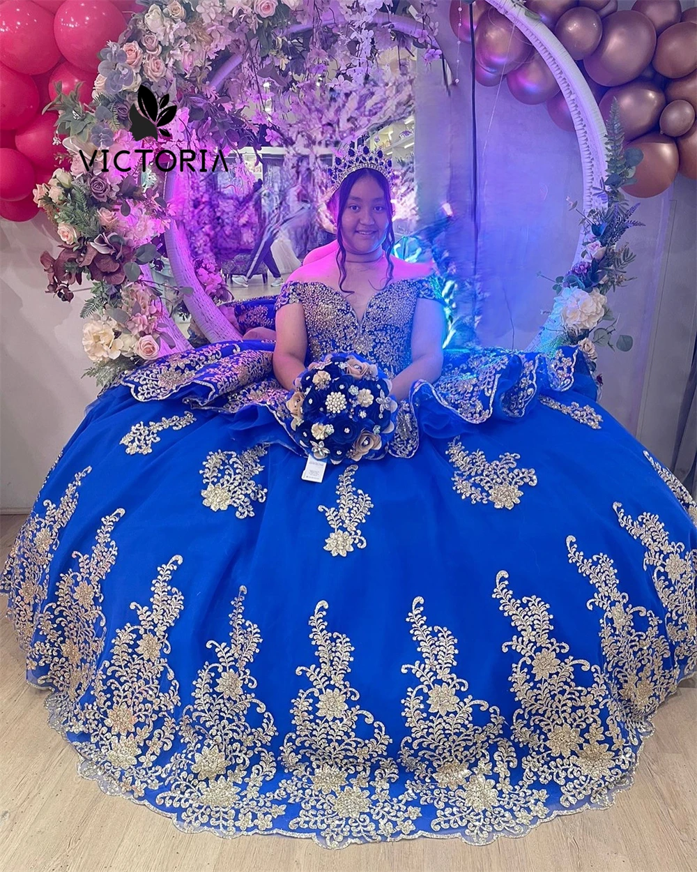 King Blue Ball Gown Gold Sequin Applique Ruffels Quinceanera Dress Ball Gown 18th Birthday Debut vestido de charra 15 año