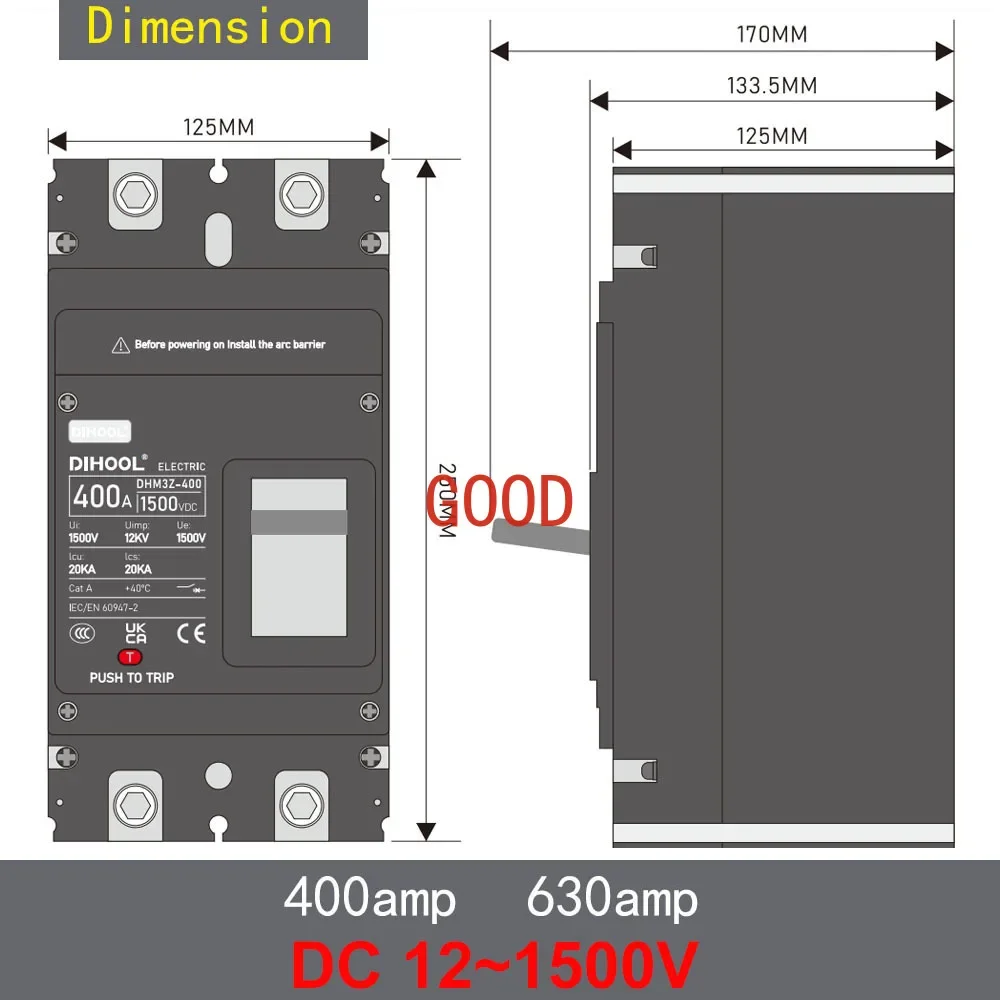 مصبوب حالة تيار مستمر قطاع دارة DC1000 DC1500V العاكس/بطارية السيارة حامي 125Amp 250Amp 630Amp MCCB مفتاح فصل الطاقة الشمسية