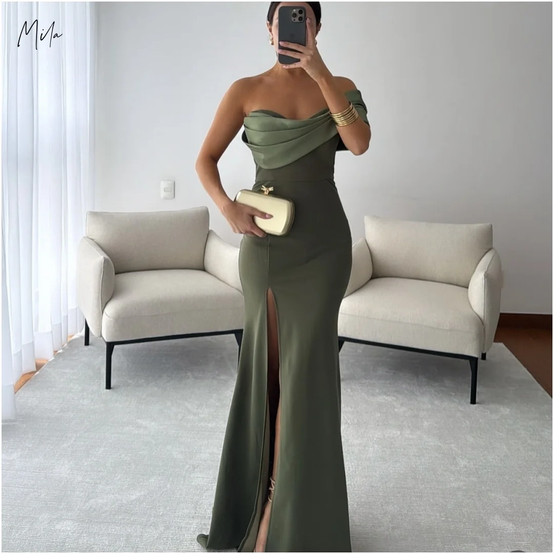Mila Off Shoulder Satin Prom Dresses Ruffle Split Customized Formal Evening Gown vestidos de gala Beaded Floor Length Elegant