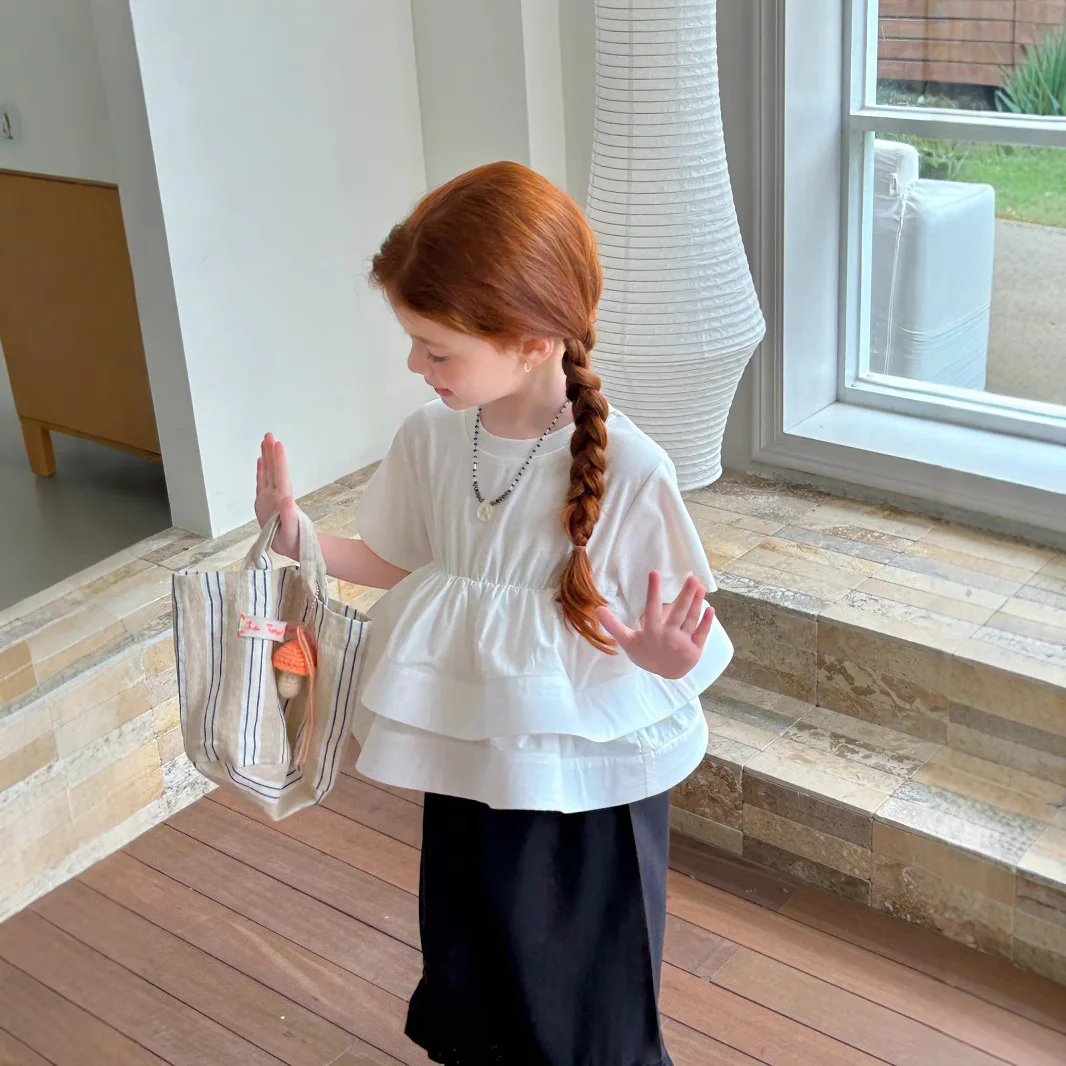 

Girls T Shirt 2025 Summer New Childrens Wear Korean Style Girl Baby Solid Color Puffy Short Sleeve T Shirt Casual Simple Daily