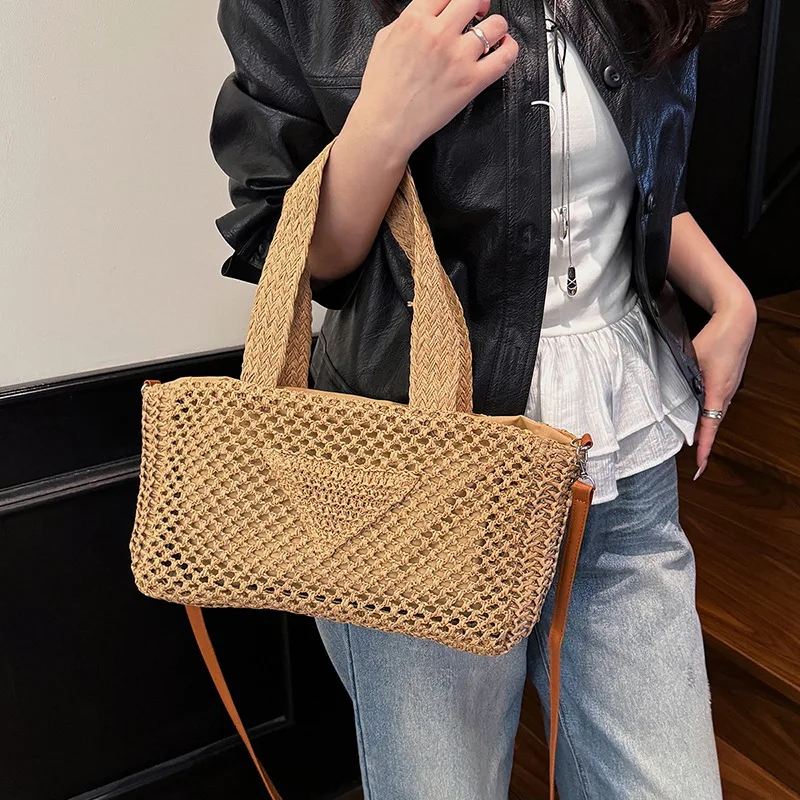 

2025 Woven Beach Bag: Boho Straw Tote with Hollow-out Design, Large Capacity Shoulder & Crossbody Purse for Vacation