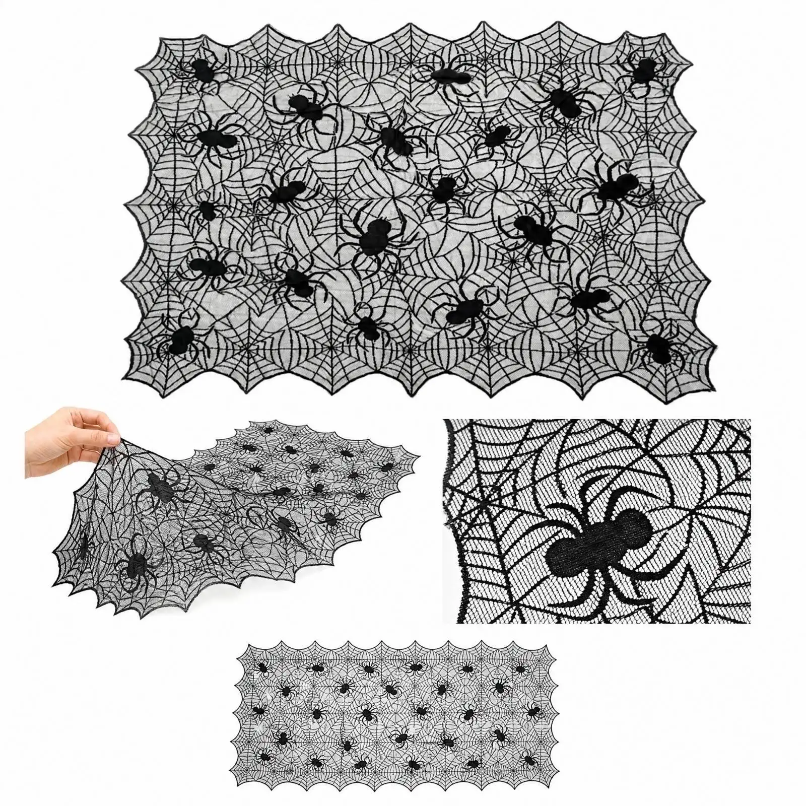 Halloween Lace Tablecloth Black Spiderweb Table Runner Curtain Door Cover Lampshade Decoration Set for Halloween Party