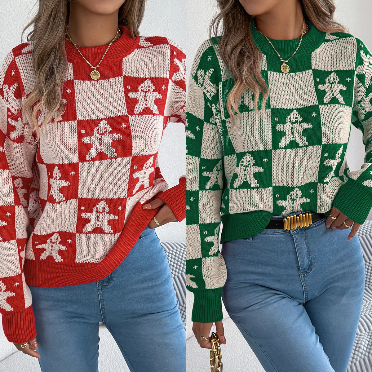 

2025 Autumn Winter Women's Sweater Tops Sweaters Women Female Snowman Checkered Lantern Long Sleeve Pullover Sweater Christmas