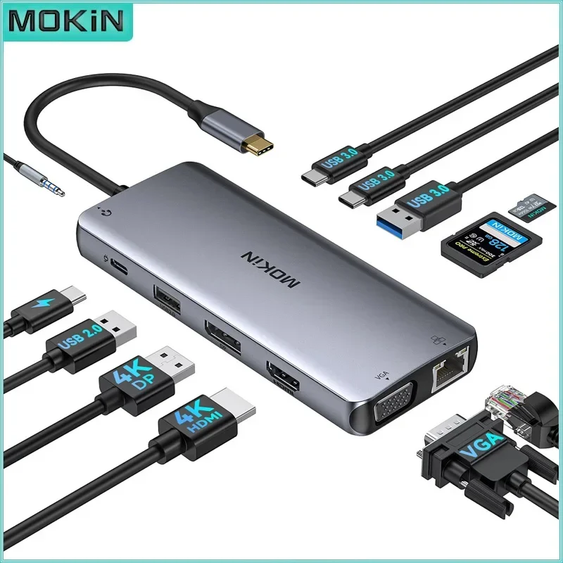 MOKiN 12 in 1 USB C HUB Docking Station PD 100W 4K 60Hz HDMI USB3.0 RJ45 VGA For Macbook Pro M2 M1 PC Accessories