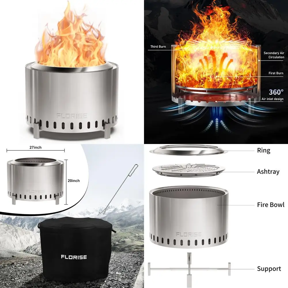 

Портативная уличная 27-дюймовая бездымная костра с водонепроницаемой крышкой и покером, деревянный камин из нержавеющей стали для улицы