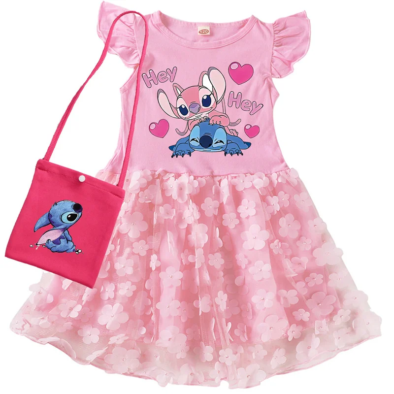 

Hot Lovely Lilo And Stitch Girls Cotton Dress New Summer Dress Girl Baby Kidsren Short-sleeved Mesh Korean Style Princess Skirt