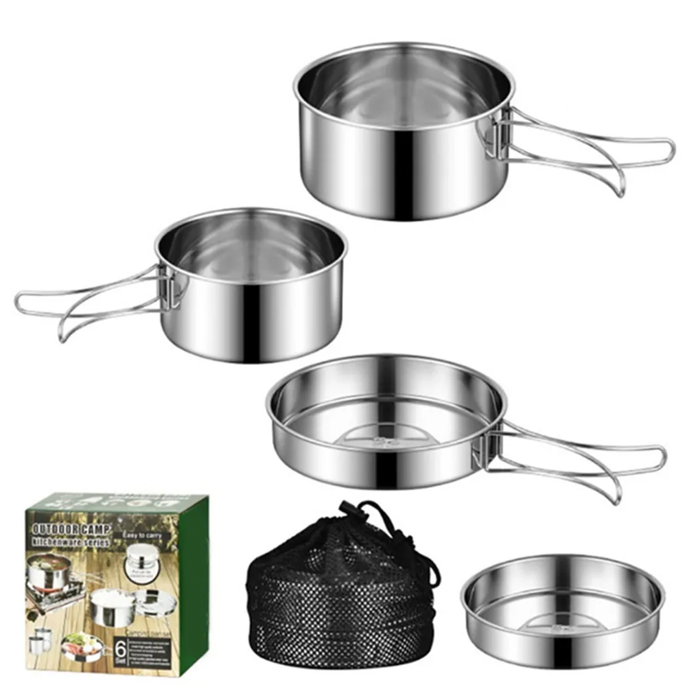 

Lightweight 4 Piece Camping Cookware Stainless Steel Pots With Heat Resistant Handles For Safe Outdoor Cooking