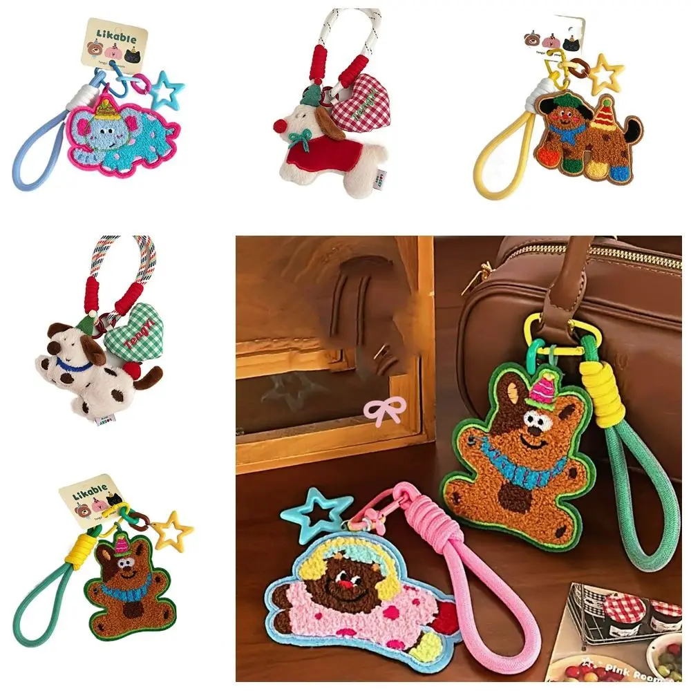 

Bag Charms Cartoon Puppy Keychain Embroidery Love Pendant Plush Doll Pendant Phone Chain Key Ring Braid Rope Bag Charms