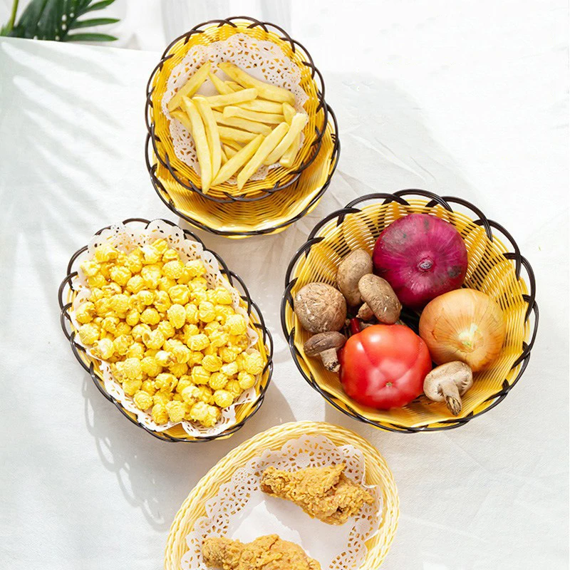 2 أحجام الروطان سلة خبز مستديرة المنسوجة يدويا صينية الشاي طبق تقديم الطعام لحفلات العشاء القهوة الإفطار ديكور المنزل سلة