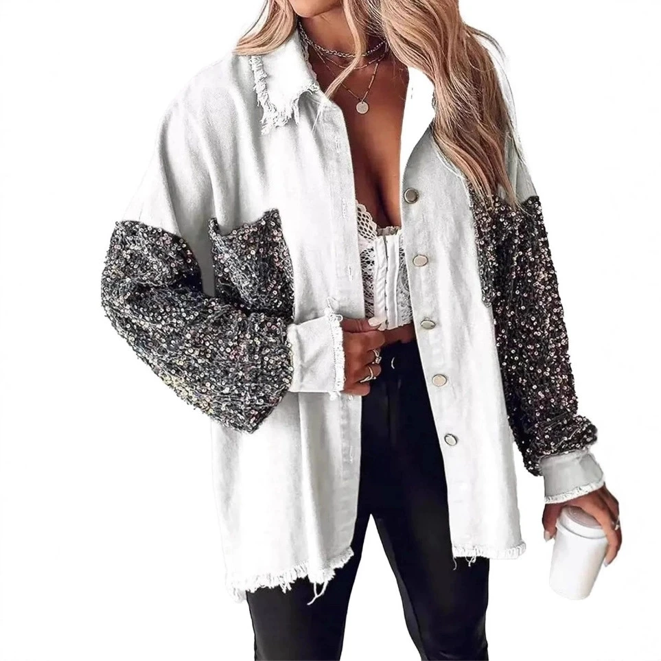 spring autumn women long sleeve Sequins denim jacket 2025 new women Splicing laple denim coat women slim jacket outwear - view 2