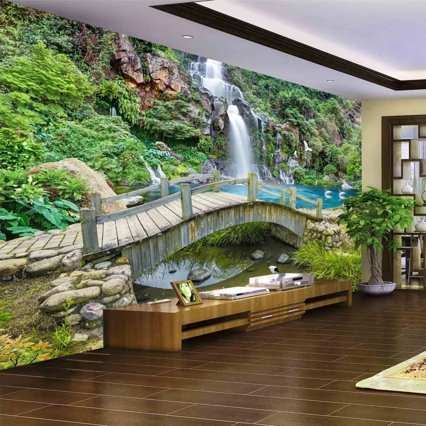 

Custom Any Size 3D Mural Wallpaper Small Bridge Running Water Waterfall Nature Landscape Photo Background Wall Papers Home Decor